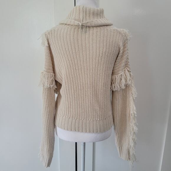 Love by Chelsea Size S Fringe Fisherman Knit Turtleneck Sweater Cream Cozy - Picture 3 of 9